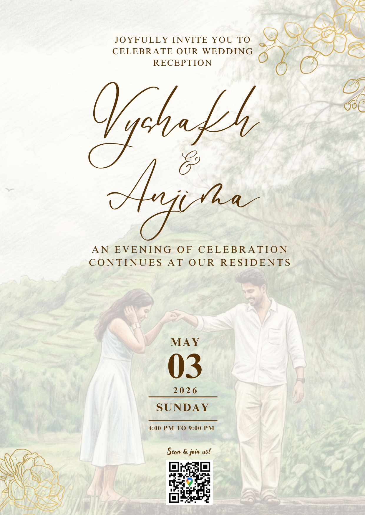 Brown Green and White Floral Wedding Anniversary Invitation